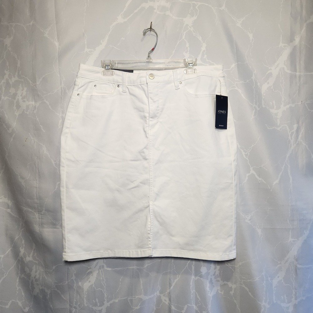 Jones‎ New York Denim Lexington Midi Skirt Women's 16P White Zip Button Closure